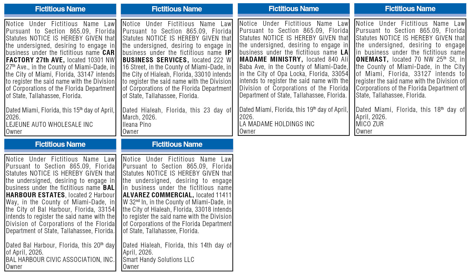 Fictitious name, Miami Today Legals