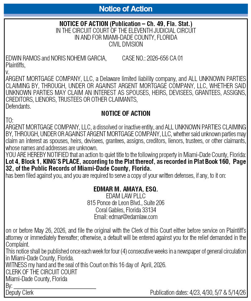 Notice of Action, Miami Today Legals