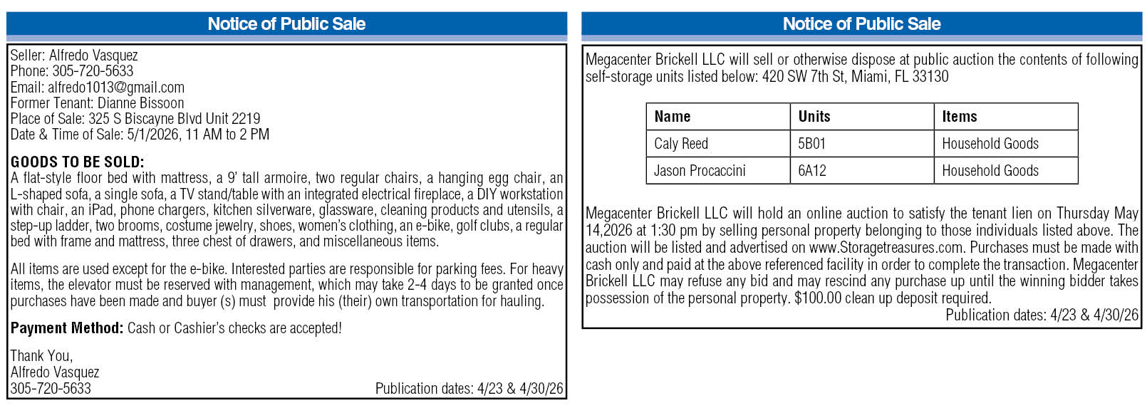 Notice of Public Sale, Miami Today Legals