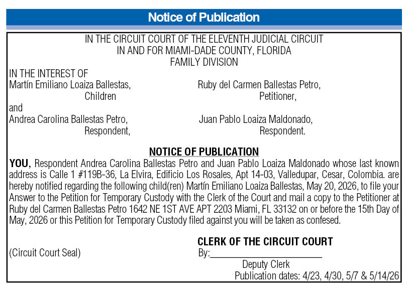 Notice of Publication, Miami Today Legals