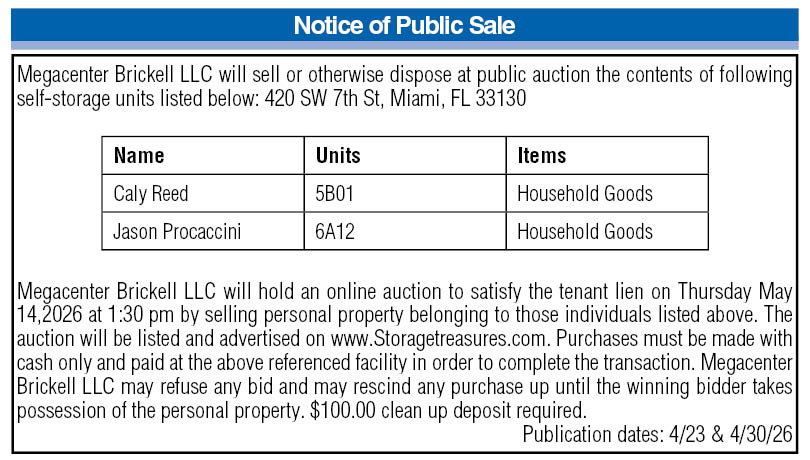 Notice of Public Sale, Miami Today Legals